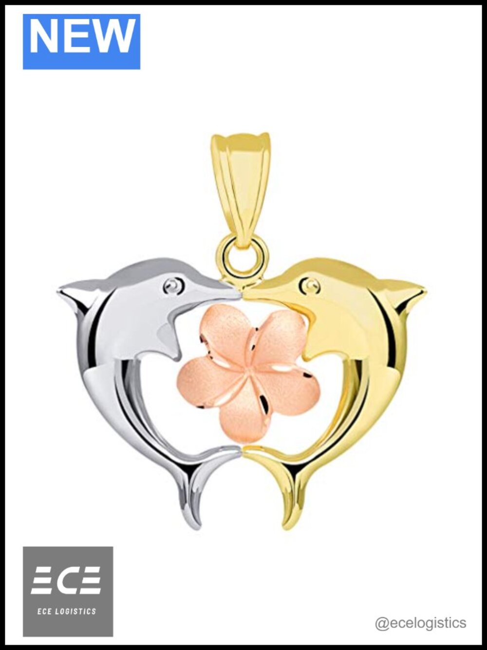 14k Tri Color Gold Kissing Dolphins Hawaiian Plumeria Flower Pendant Necklace